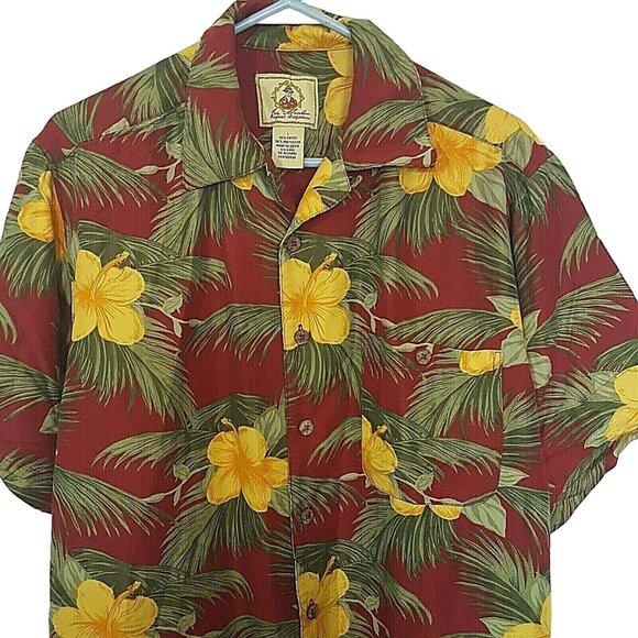 JOE MARLIN Shirt Mens Size Large Hawaiian Tropical Short Sleeve Red Yellow - Picture 1 of 9